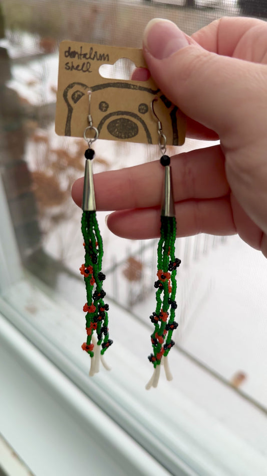 Black & Orange Floral Dentalium Dangle Earrings